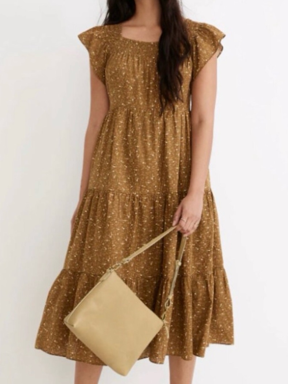 Madewell Ruffle-Sleeve Tiered Midi Dress in Daisy Stitch Weathered Olive M - Picture 1 of 5